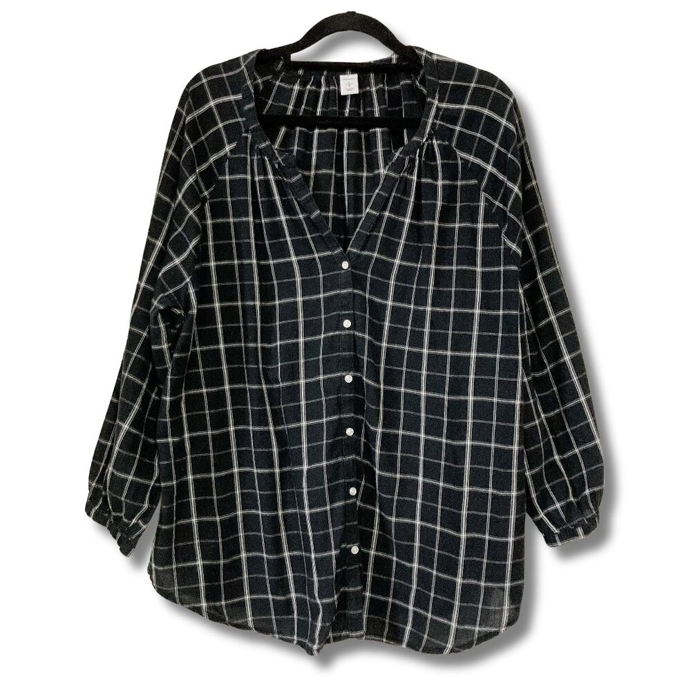 OLD NAVY Black white plaid print banded collar v-neck shirt ~ LARGE XL 1X top